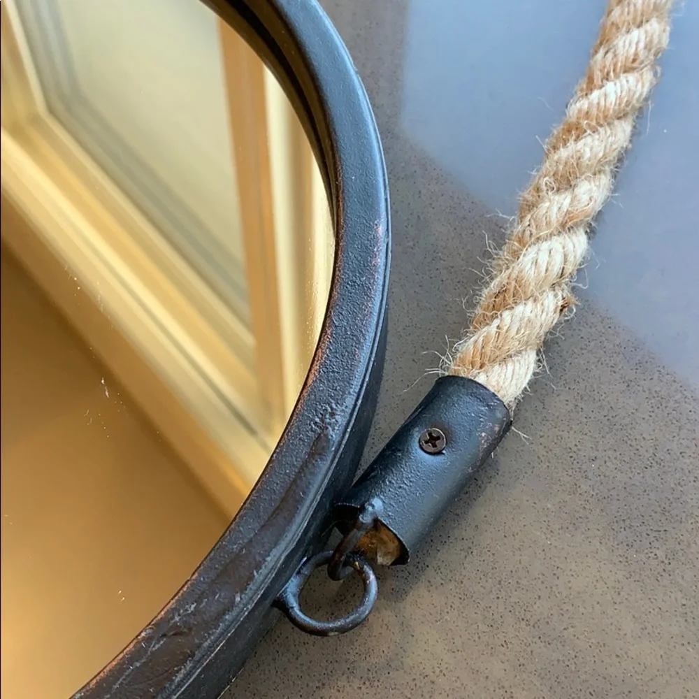 Oval Black Wall Mirror with Natural Rope Hanger